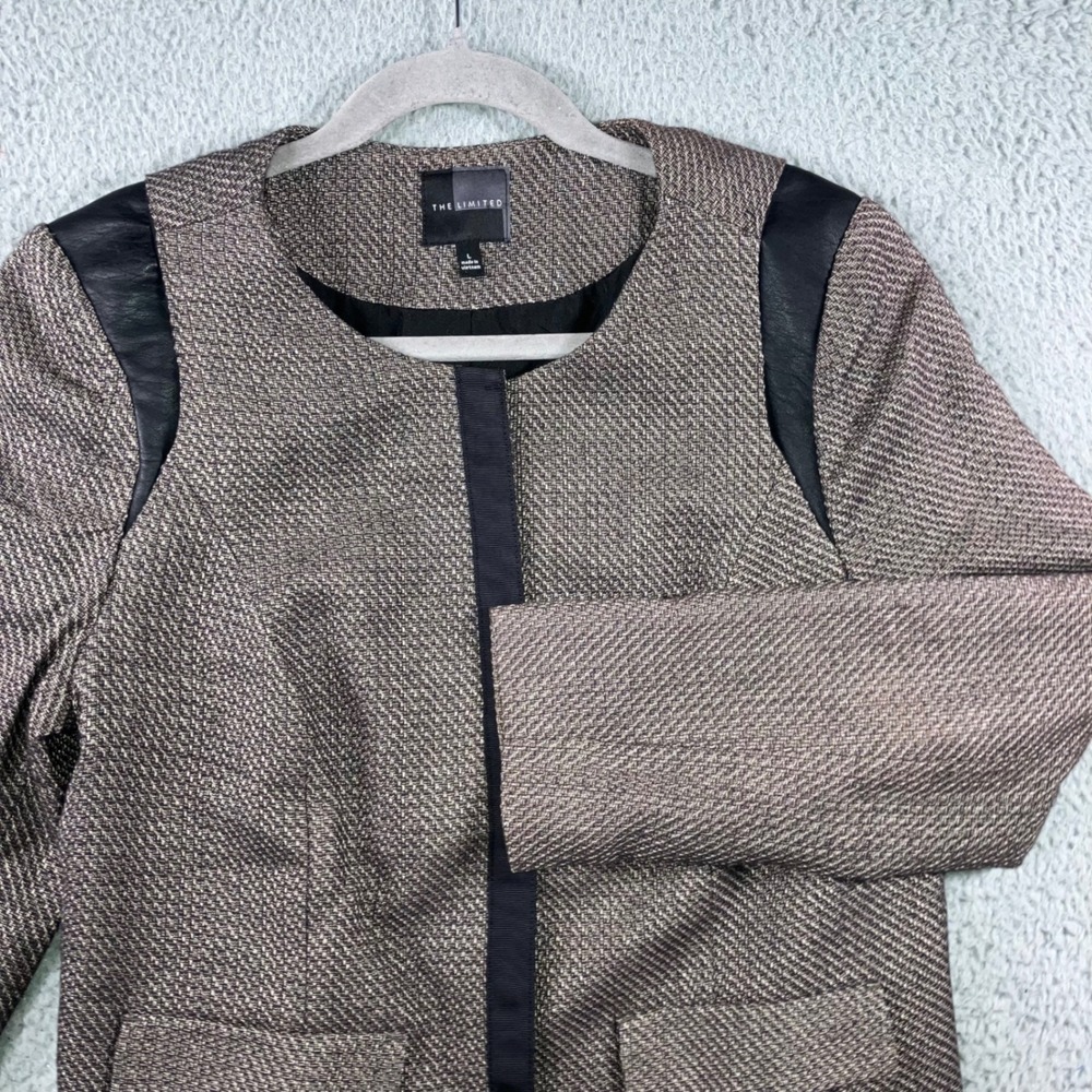 The Limited Brown Tweed Blazer Jacket Women Large Faux Leather Accents
